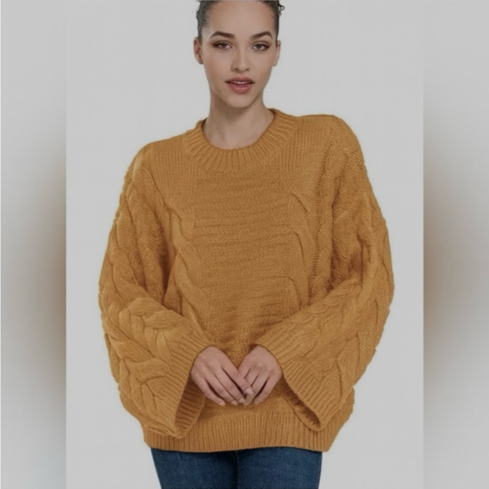 Boutique Zenana Oversized Cable Knit Sweater with Bell Sleeves
